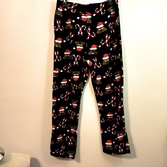 Christmas Holiday Black Red Pjs Fleece Pajama Pants Candy Canes Poop Emoji - Picture 2 of 7